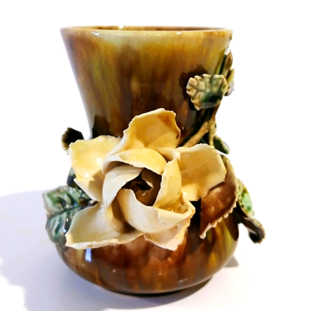 Elegant Vintage Brown and Cream Ceramic Vase with Floral Design